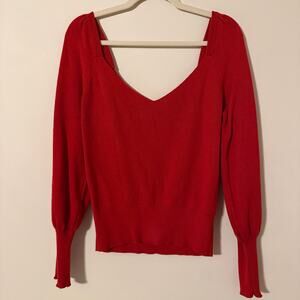 By Anthropologie Red V Neck Puff Sleeve Red Sweater Size Medium
